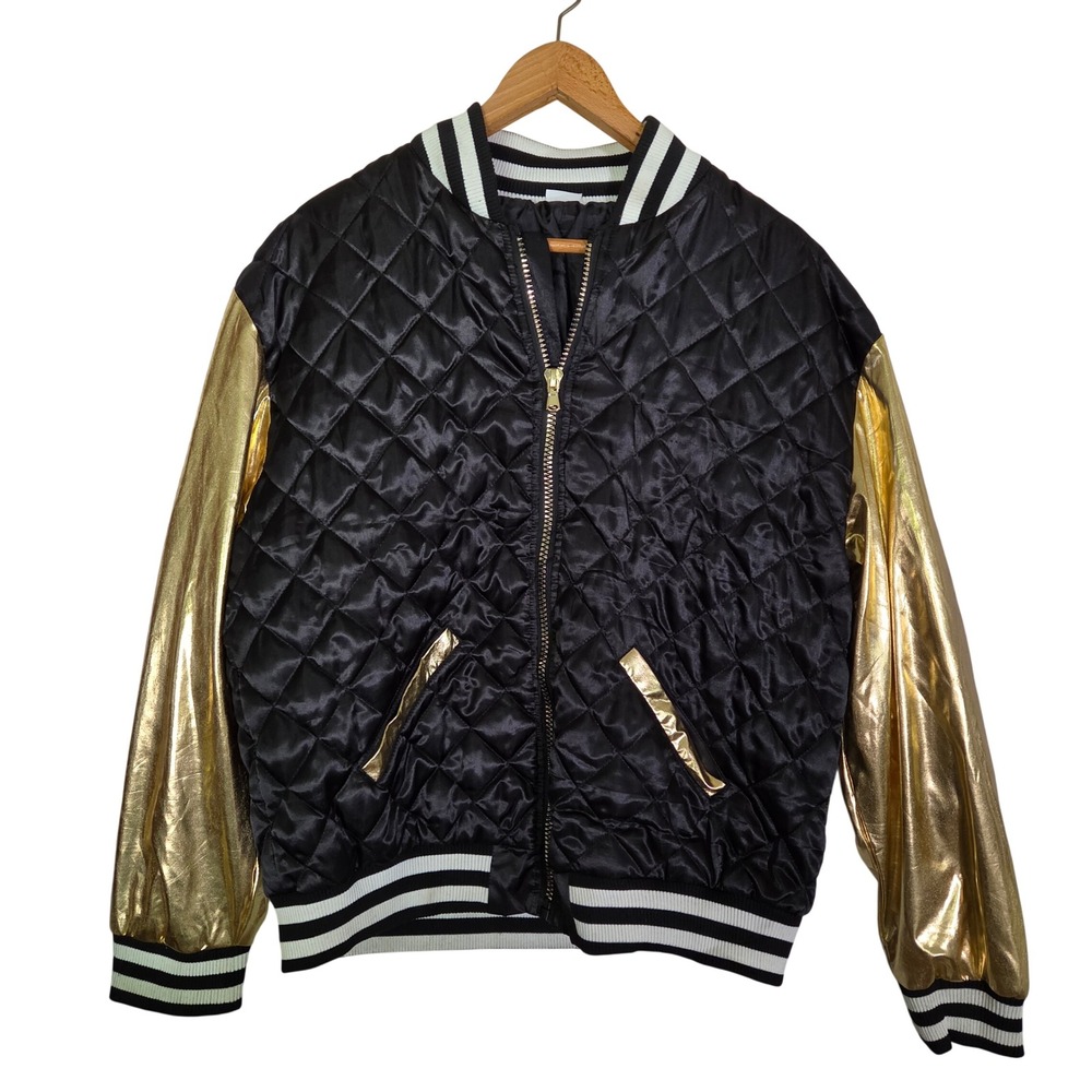 Spirit Black Metallic Gold Quilted Bomber Jacket Large Costume Rapper Hip Hop